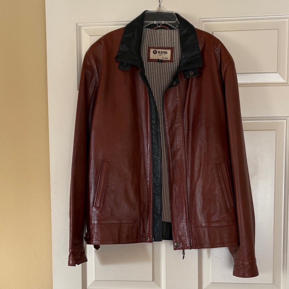 Brown Leather Jacket with Black Collar